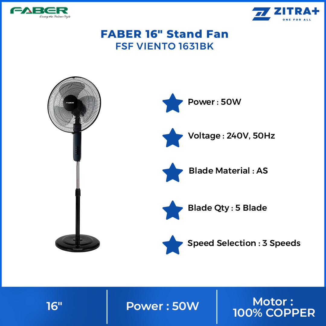 FABER 16" Stand Fan FSF VIENTO 1631BK | 3 Blades | 3 Speed Selection | 1250rpm Fan Speed | 55.495dB Noise Level | Stand Fan with 1 Year Warranty