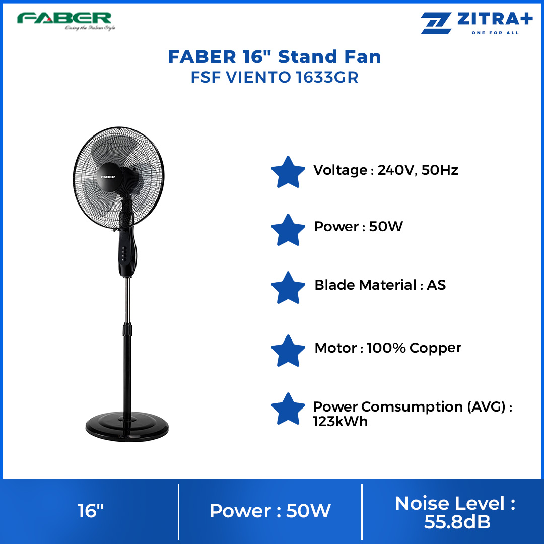 FABER 16" Stand Fan FSF VIENTO 1633GR | 3 Blades & 3 Speeds | 120pcs Radial Wire | 1250rpm Fan Speed | 47.89m3/min Air Delivery | 55.8dB Noise Level | Stand Fan with 1 Year General Warranty & 2 Years Motor Warranty
