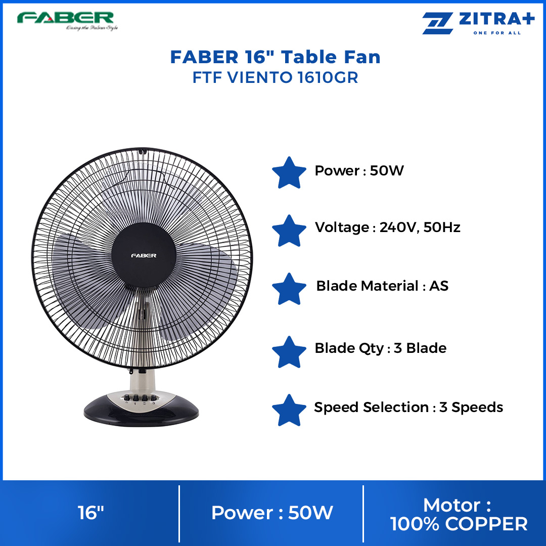 FABER 16" Table Fan FTF VIENTO 1610GR | 3 Blades | 3 Speed Selection | 1250rpm Fan Speed | 55.4dB Noise Level | Table Fan with 1 Year Warranty