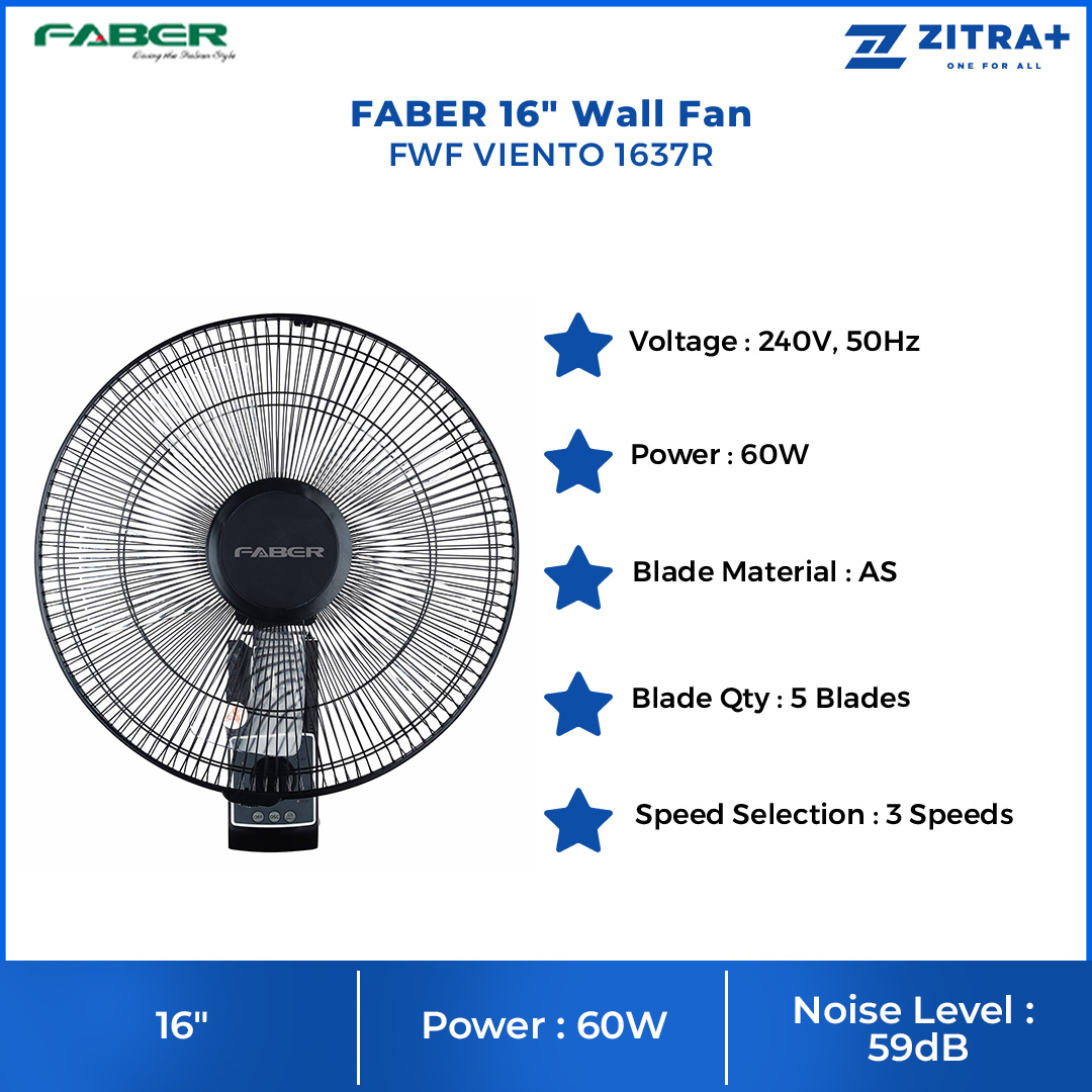 FABER 16" Wall Fan FWF VIENTO 1637R | 5 Blades | 3 Speeds | With Remote Control | 100% Copper Motor | Wall Fan with 1 Year General Warranty & 2 Years Motor Warranty