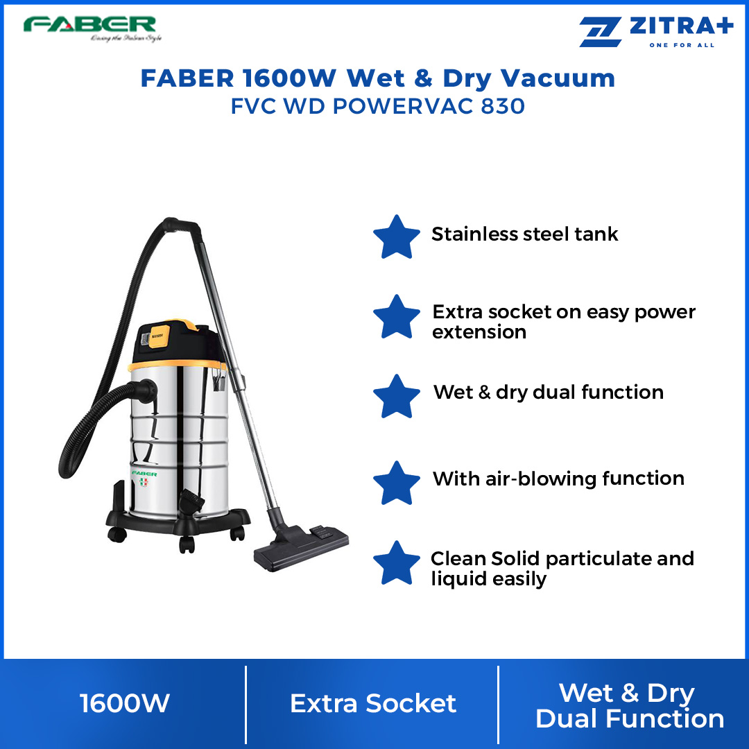 FABER 1600W Wet & Dry Vacuum FVC WD POWERVAC 830 | Stainless Steel Tank | Extra Socket on Easy Power Extension | With Air-Blowing Function | Vacuum with 1 Year Warranty
