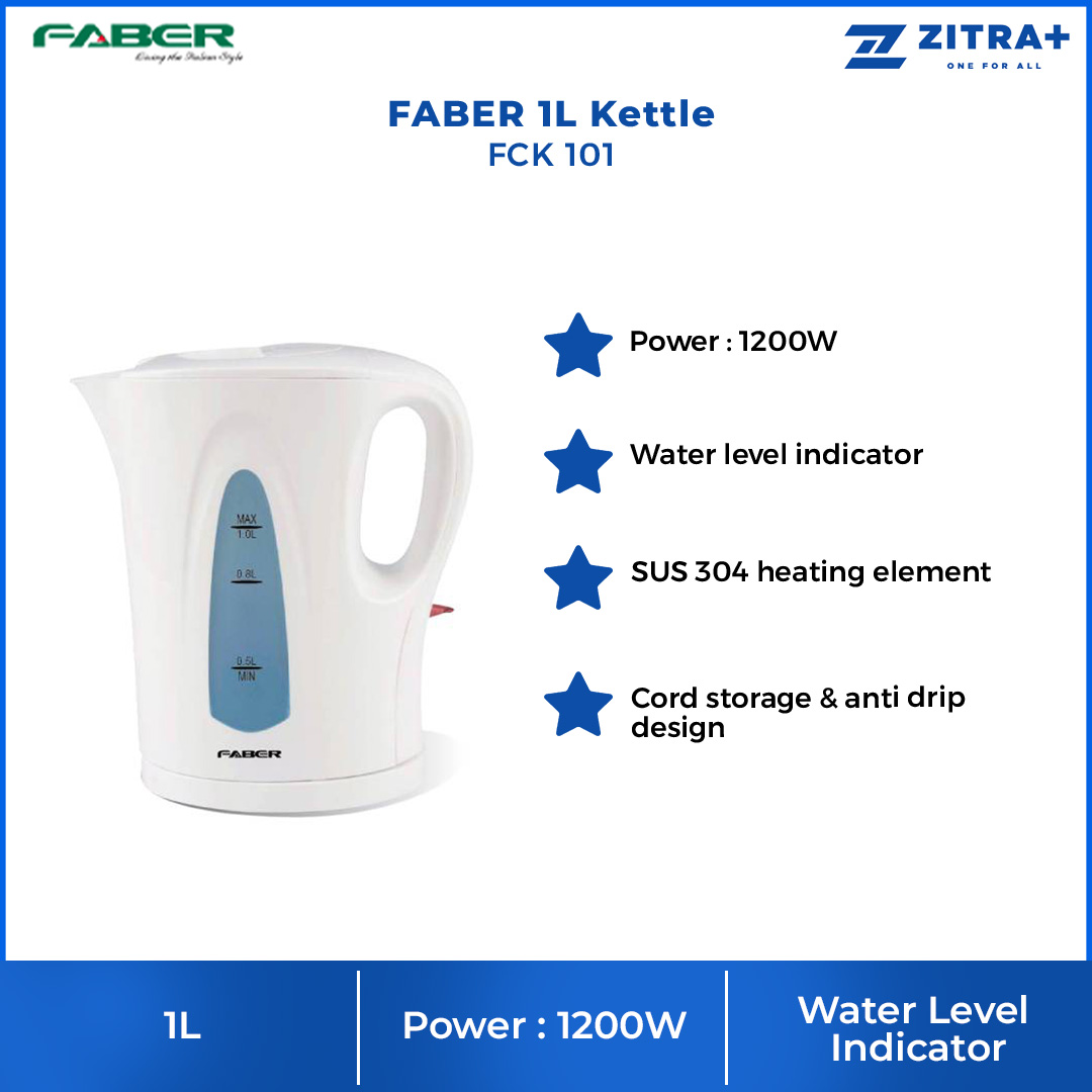 FABER 1L Kettle FCK 101 | Water Level Indicator | SUS 304 Heating Element | Cord Storage & Anti Drip Design | Kettle with 1 Year Warranty