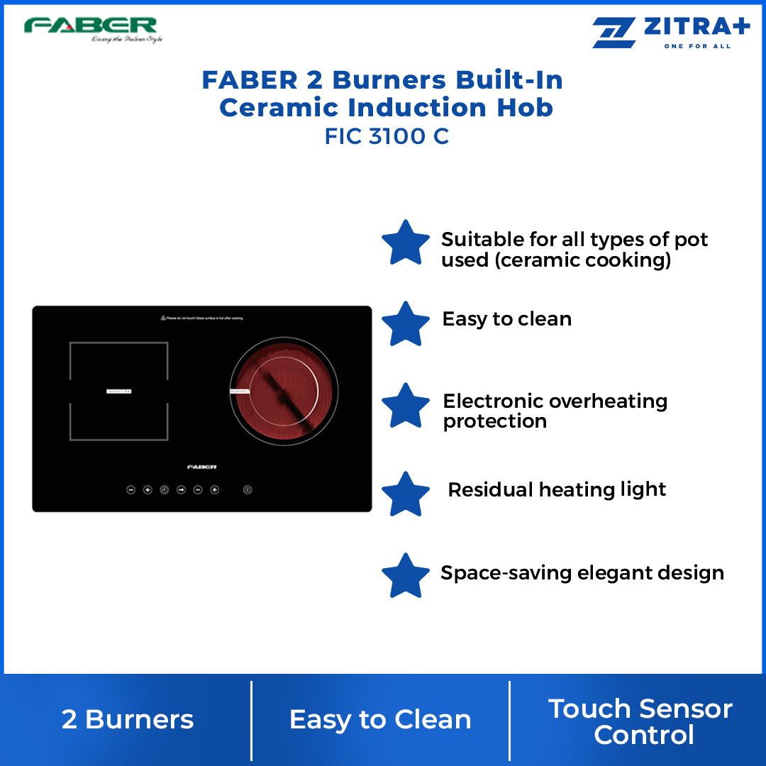 FABER 2 Burners Built-In Ceramic Induction Hob FIC 3100 C | Suitable for All Types of Pot Used | Electronic Overheating Protection | Residual Heating Light | Touch Sensor Control | Induction Hob with 1 Year Warrant