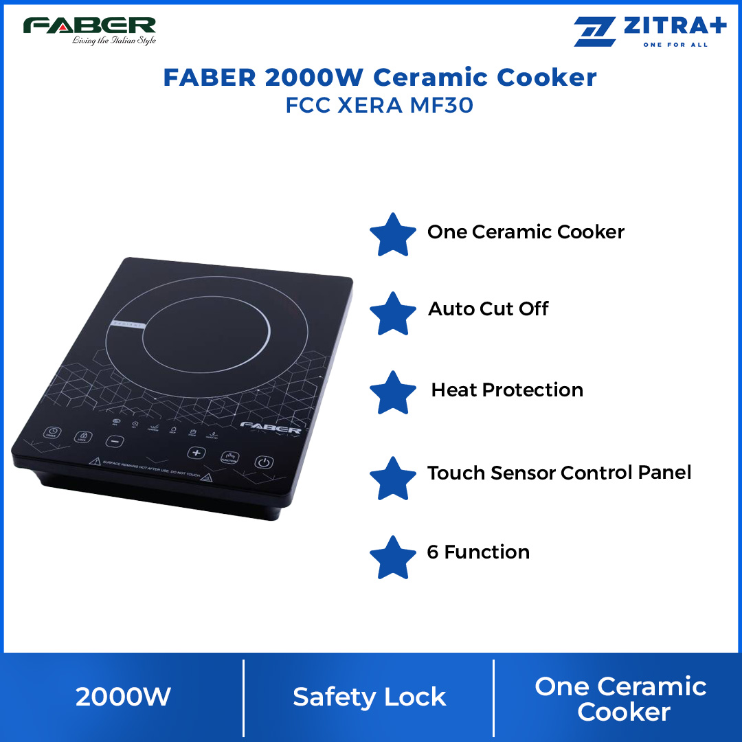 FABER 2000W Ceramic Cooker FCC XERA MF30 | One Ceramic Cooker | Auto Cut Off | Heat Protection  | Safety lock | Touch Sensor | Control Panel |  6 Function | Cooker with 1 Year Warranty