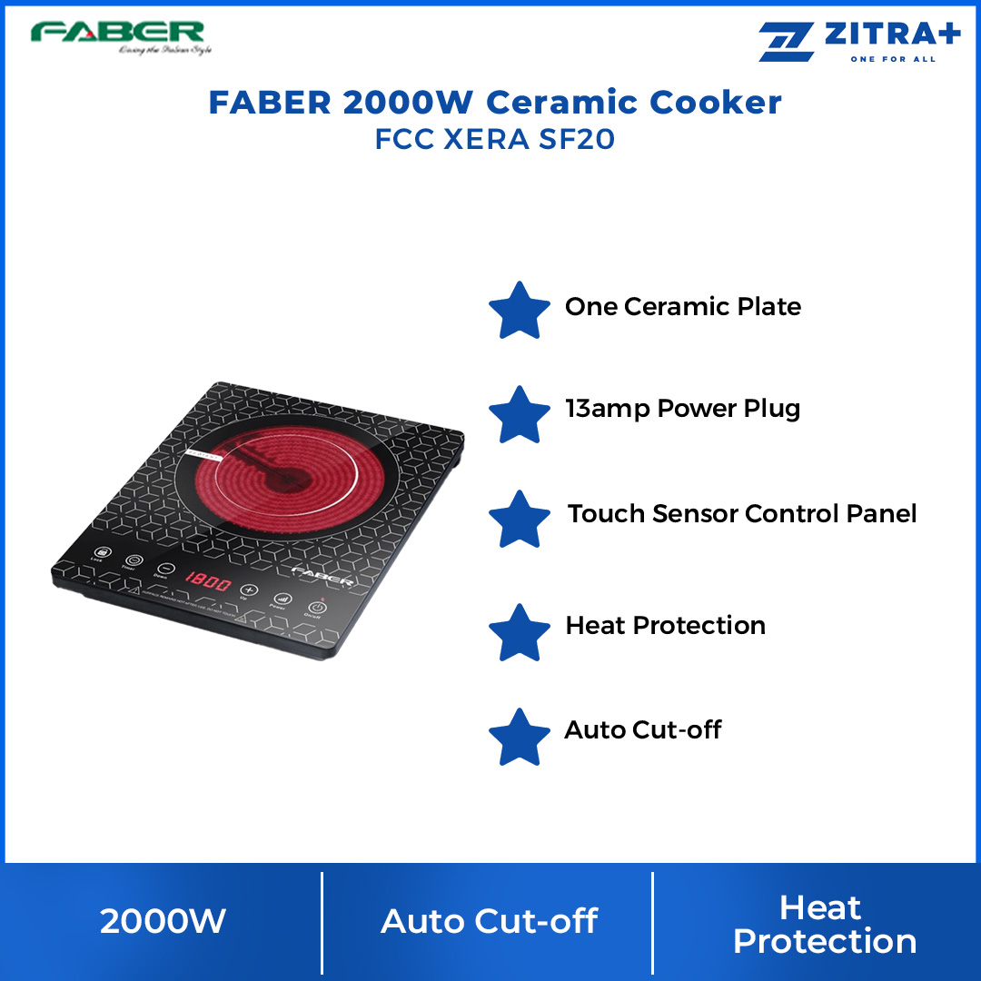 FABER 2000W Ceramic Cooker FCC XERA SF20 | 13amp Power Plug | One Ceramic Plate | Auto Cut-off | Safety Lock | Touch Sensor Control Panel | Ceramic Cooker with 1 Year Warranty