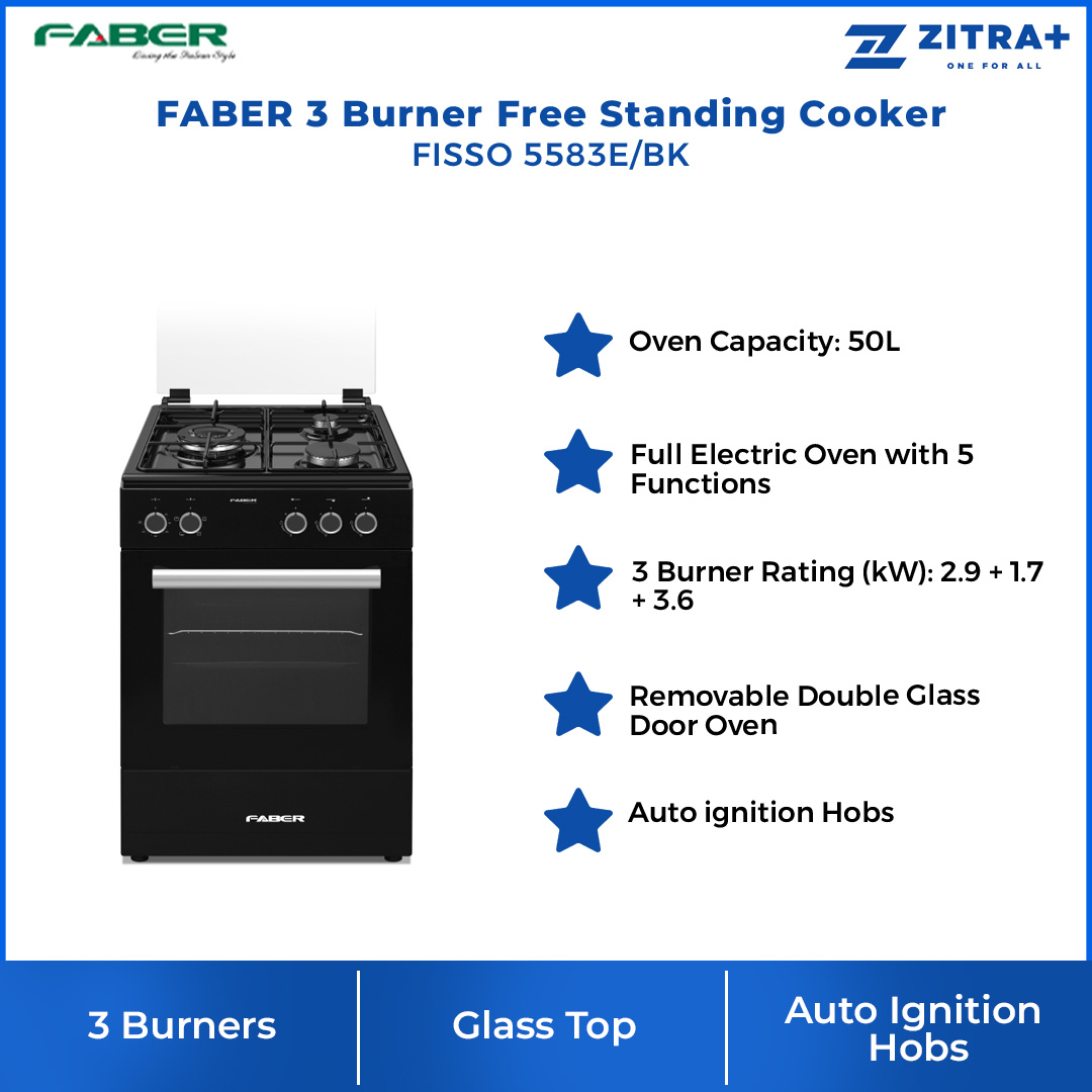 FABER 3 Burner Free Standing Cooker FISSO 5583E/BK | Full Electric Oven with 5 Functions | Auto ignition Hobs | Enamel Pan Support | Cooker Hob with 1 Year Warranty