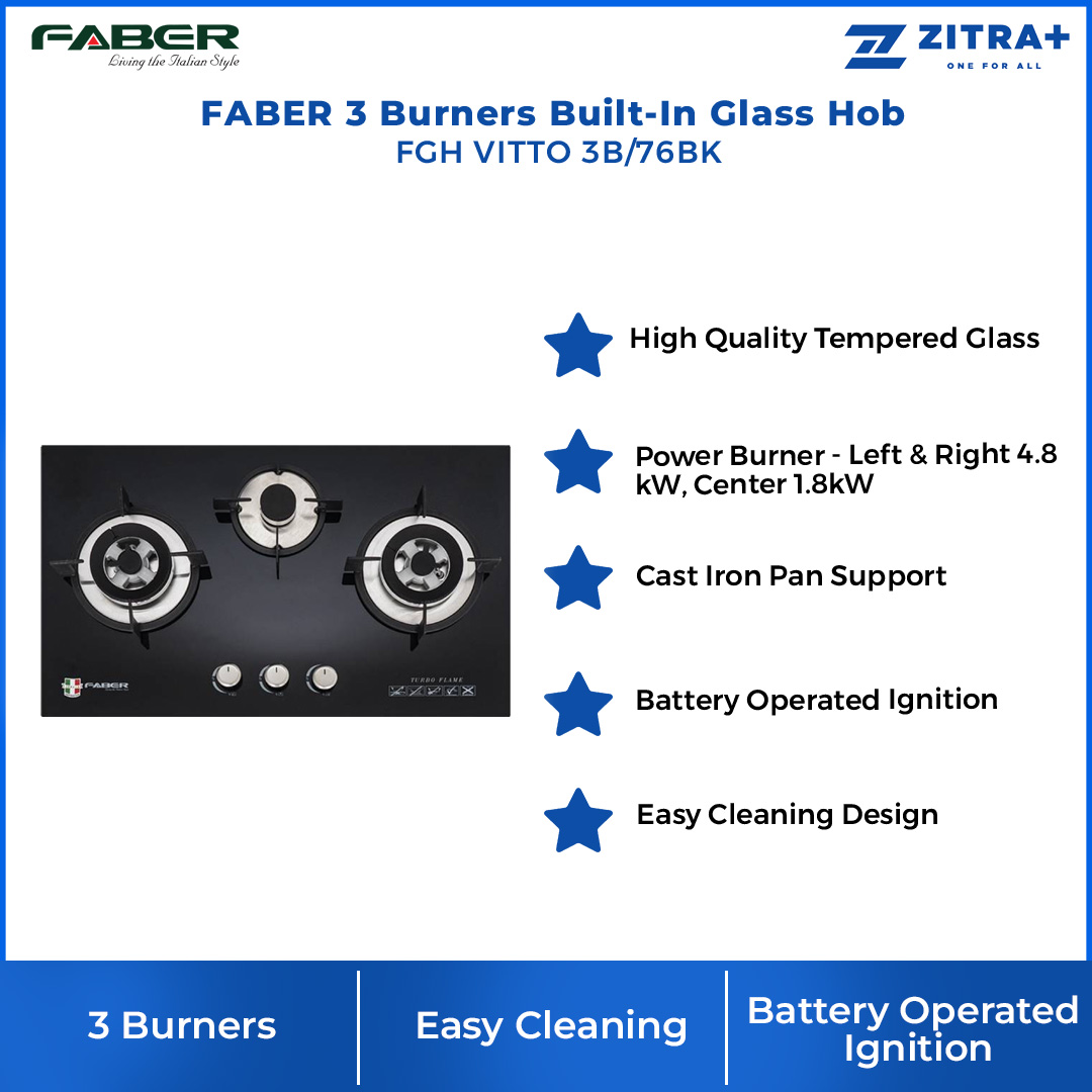 FABER 3 Burners Built-In Glass Hob FGH VITTO 3B/76BK  | Battery Operated Ignition | Easy Cleaning Design | Safety Device | High Quality Tempered Glass | 3 Burners with 1 Year Warranty