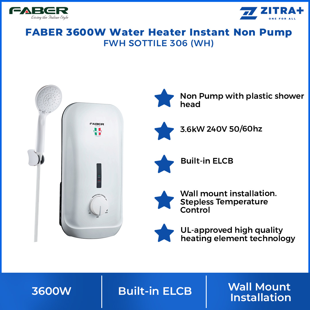 FABER 3600W Water Heater Instant Non Pump FWH SOTTILE 306 (WH) | Built-in ELCB | 90°C Thermal Cut Off | IP25 Splash Proof | 55°C Anti-Scalding | Double Thermal Safety Protection | Water Heater with 1 Year General & 7 Year Heating Element