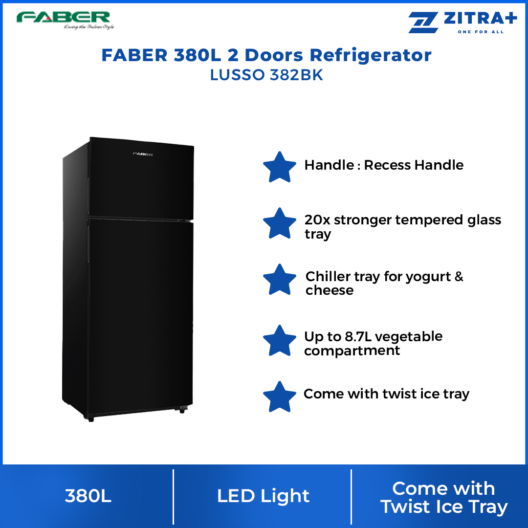 FABER 380L 2 Doors Refrigerator LUSSO 382BK | 20x Stronger Tempered Glass Tray | Refrigerant R600a | Fridge with 1 Year Warranty & Compressor with 10 Years Warranty