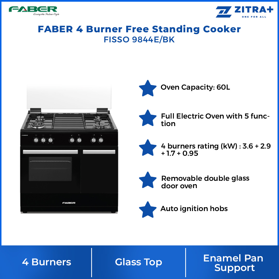 FABER 4 Burner Free Standing Cooker FISSO 9844E/BK | Oven Capacity: 60L | Full Electric Oven with 5 Function | Auto Ignition Hobs | Enamel Pan Support | Cooker with 1 Year Warranty