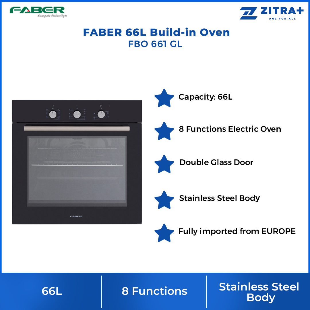 FABER 66L Build-in Oven FBO 661 GL | Fully Imported from EUROPE | 8 Functions Electric Oven | Double Glass Door | Stainless Steel Body | Build In Oven with 1 Year Warranty