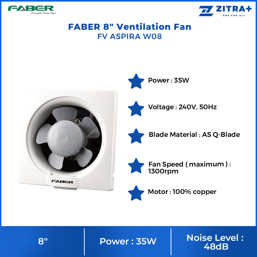 FABER 8" Ventilation Fan FV ASPIRA W08 | 5 Blades | 1300rpm Fan Speed | 48dB Noise Level | Ventilation Fan with 1 Year Warranty