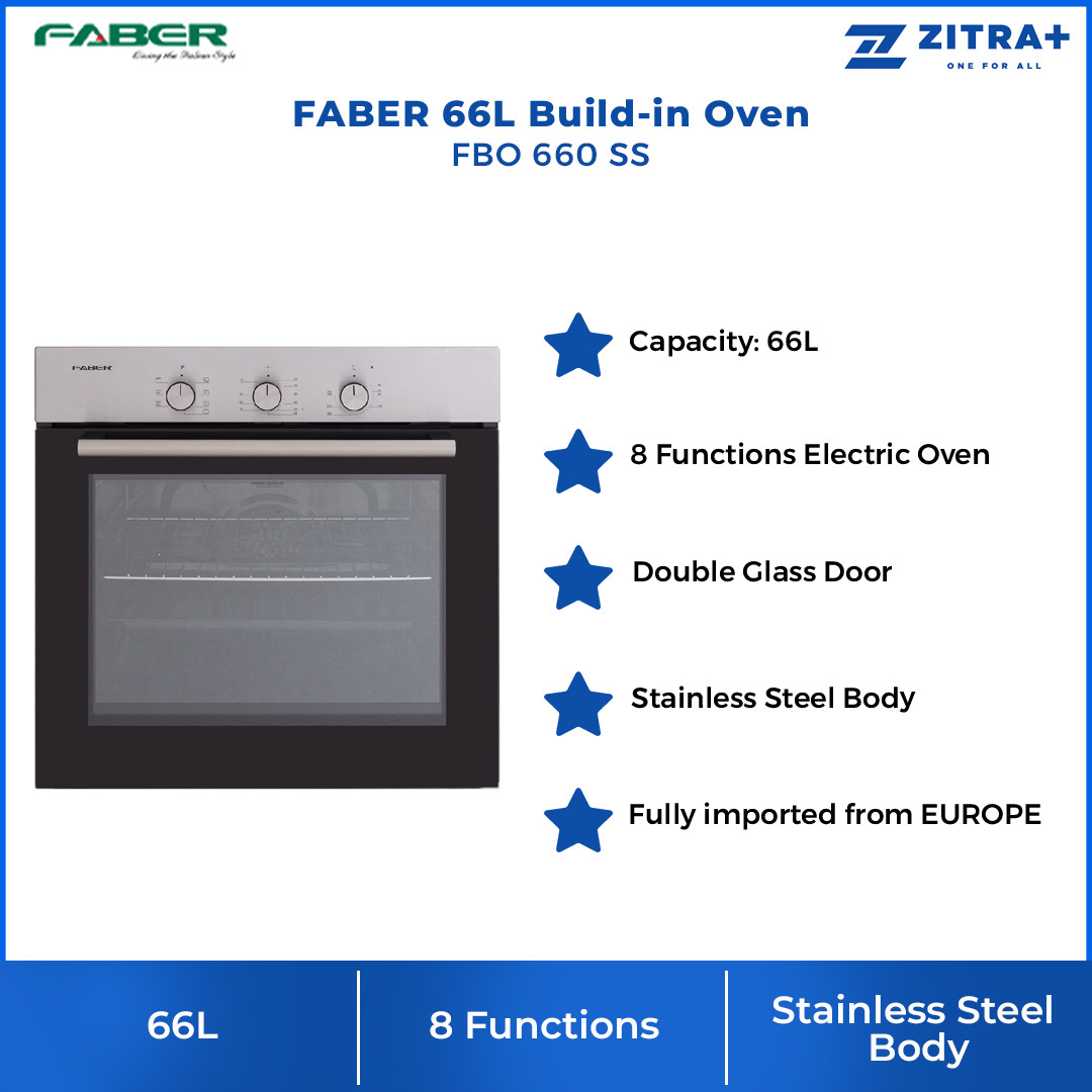 FABER 66L Build-in Oven FBO 660 SS | 8 Functions Electric Oven | Double Glass Door | Stainless Steel Body | Build In Oven with 1 Year Warranty