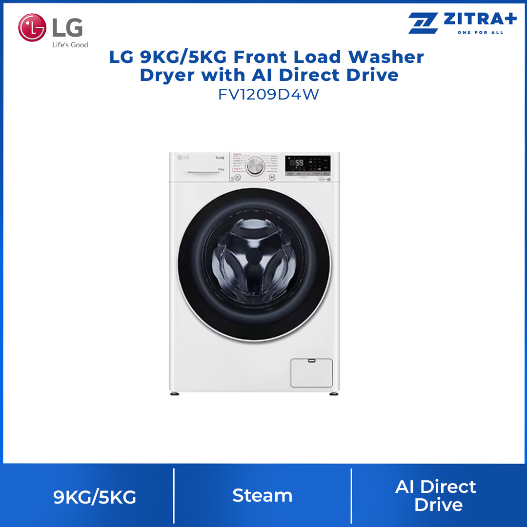 LG 9KG/5KG Front Load Washer Dryer with AI Direct Drive FV1209D4W  | 6 Motion | Smart Diagnosis | Easy Care | Cotton+ | Rinse+Spin | Quick 30 | Load Washer with 1 Year Warranty