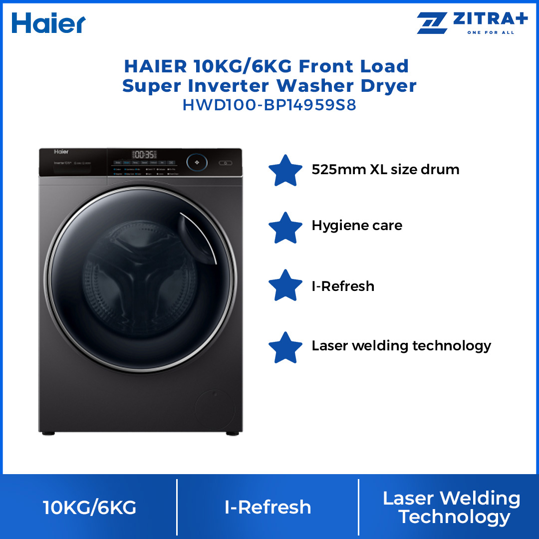 HAIER 10KG/6KG Front Load Super Inverter Washing Machine HWD100-BP14959S8 | ABT | Auto Lock Door | Add Wash | Drum Clean | Quick Wash | I-Refresh | Door Cover | Washing Machine with 2 Year Warranty