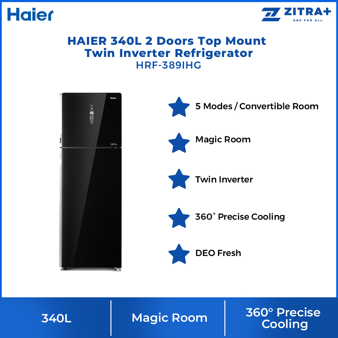 HAIER 340L 2 Doors Top Mount Twin Inverter Refrigerator HRF-389IHG | No Frost | LED Controller | Door Pocket | Ice Maker | Humidity Control | Vegetable Box | Refrigerators with 2 Year Warranty
