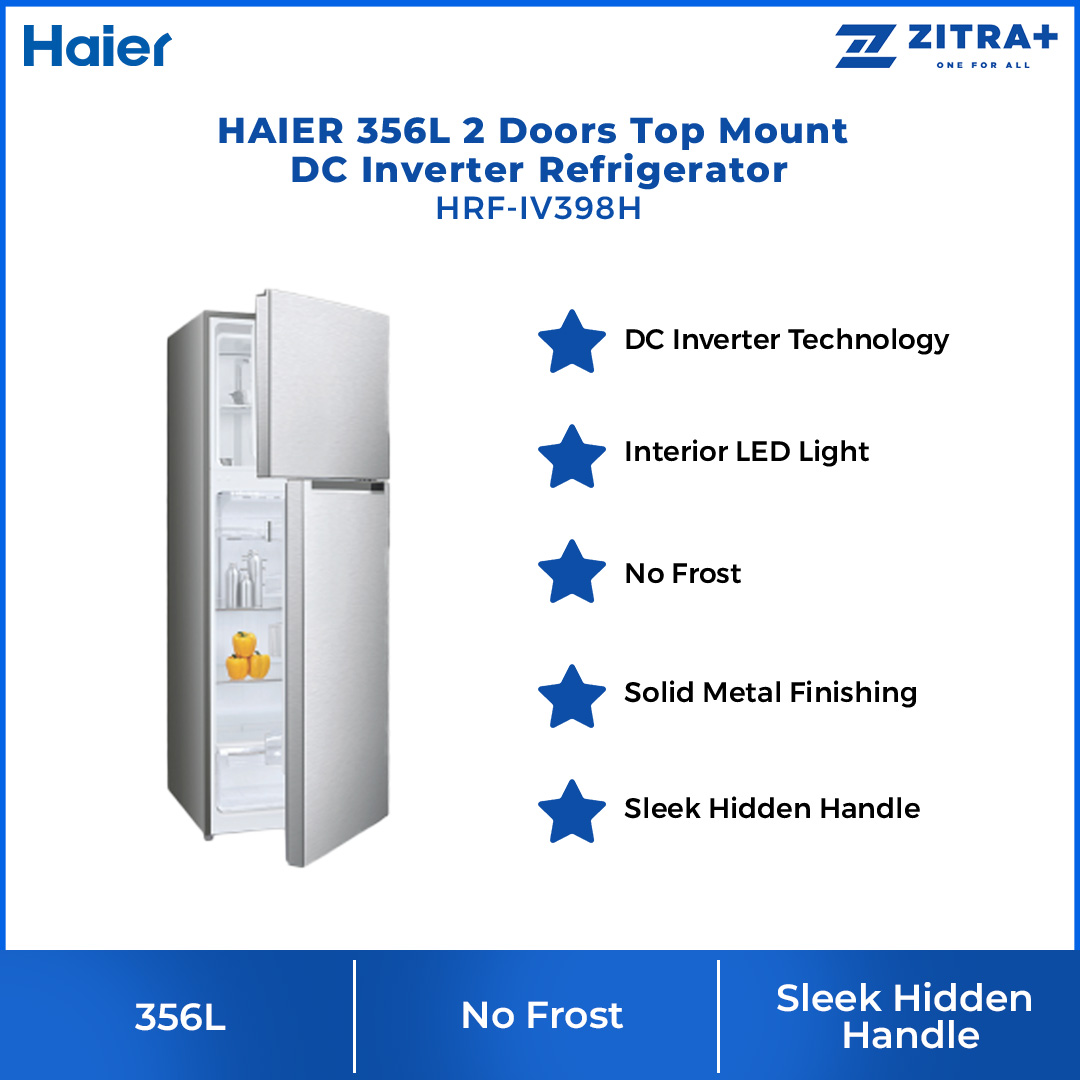HAIER 356L 2 Doors Top Mount DC Inverter Refrigerator HRF-IV398H | No Frost | LED Lighting | Ice Maker | Humidity Control | Door Pocket | Refrigerators with 2 Year Warranty