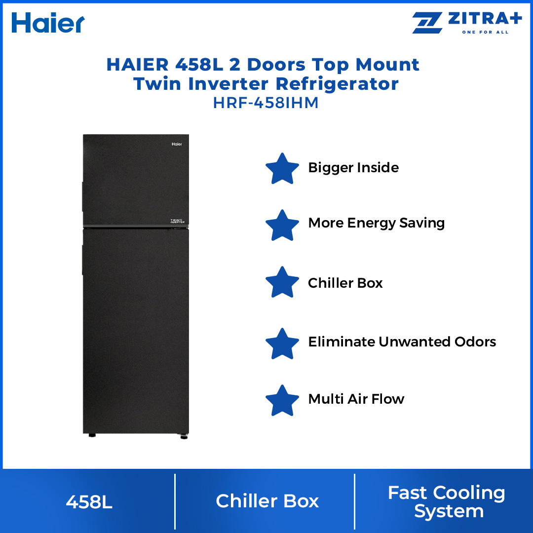 HAIER 458L 2 Doors Top Mount Twin Inverter Refrigerator HRF-458IHM | Chiller Box | Multi Air Flow | No Frost | Egg Tray | Door Pocket | Twist Ice Maker | DEO Fresh | Refrigerator with 2 Year Warranty