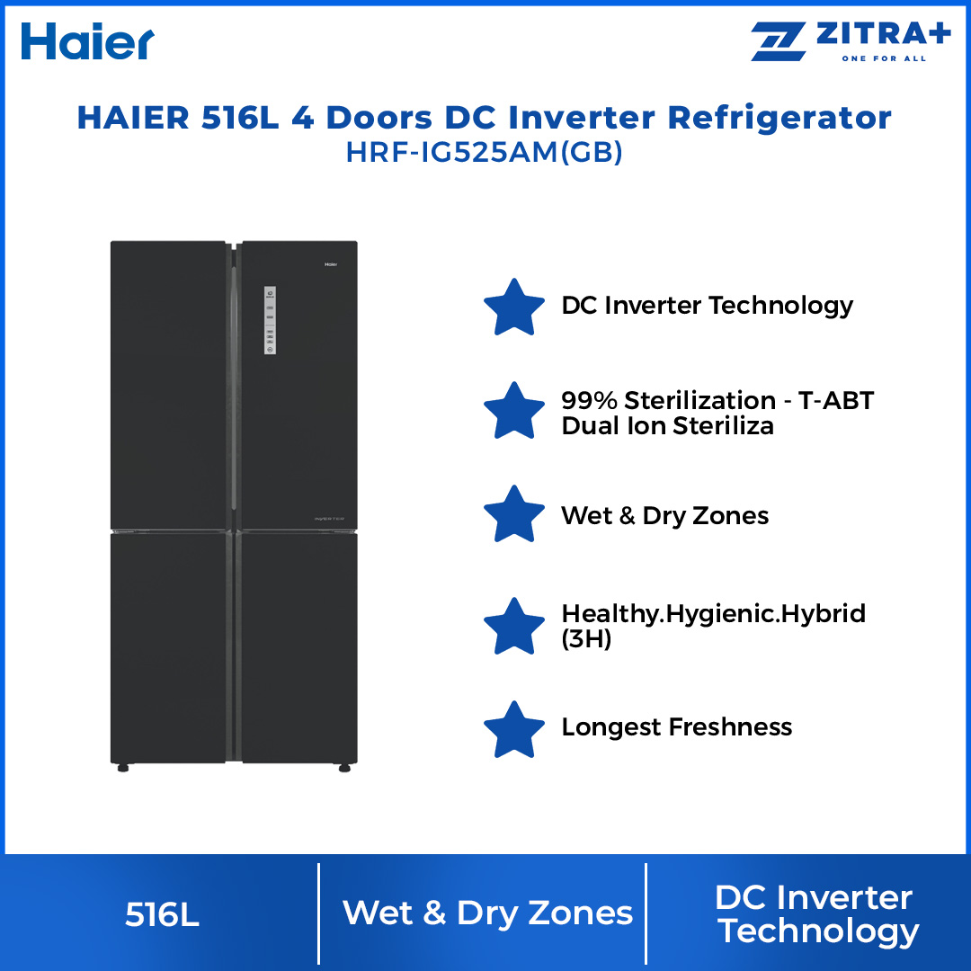 HAIER 516L 4 Doors DC Inverter Refrigerator HRF-IG525AM(GB) | No Frost | Touch LED | Door Pocket | Ice Maker | Humidity Control | Refrigerators with 2 Years Warranty