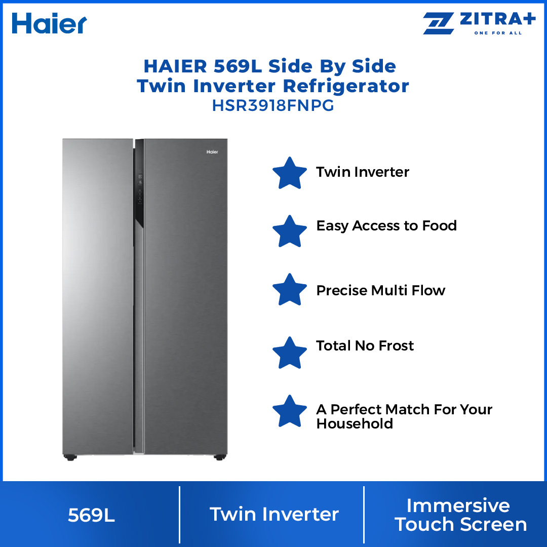 HAIER 569L Side By Side Twin Inverter Refrigerator HSR3918FNPG | No Frost | Touch LED | Door Pocket | Ice Maker | Humidity Control | Refrigerators with 2 Year Warranty