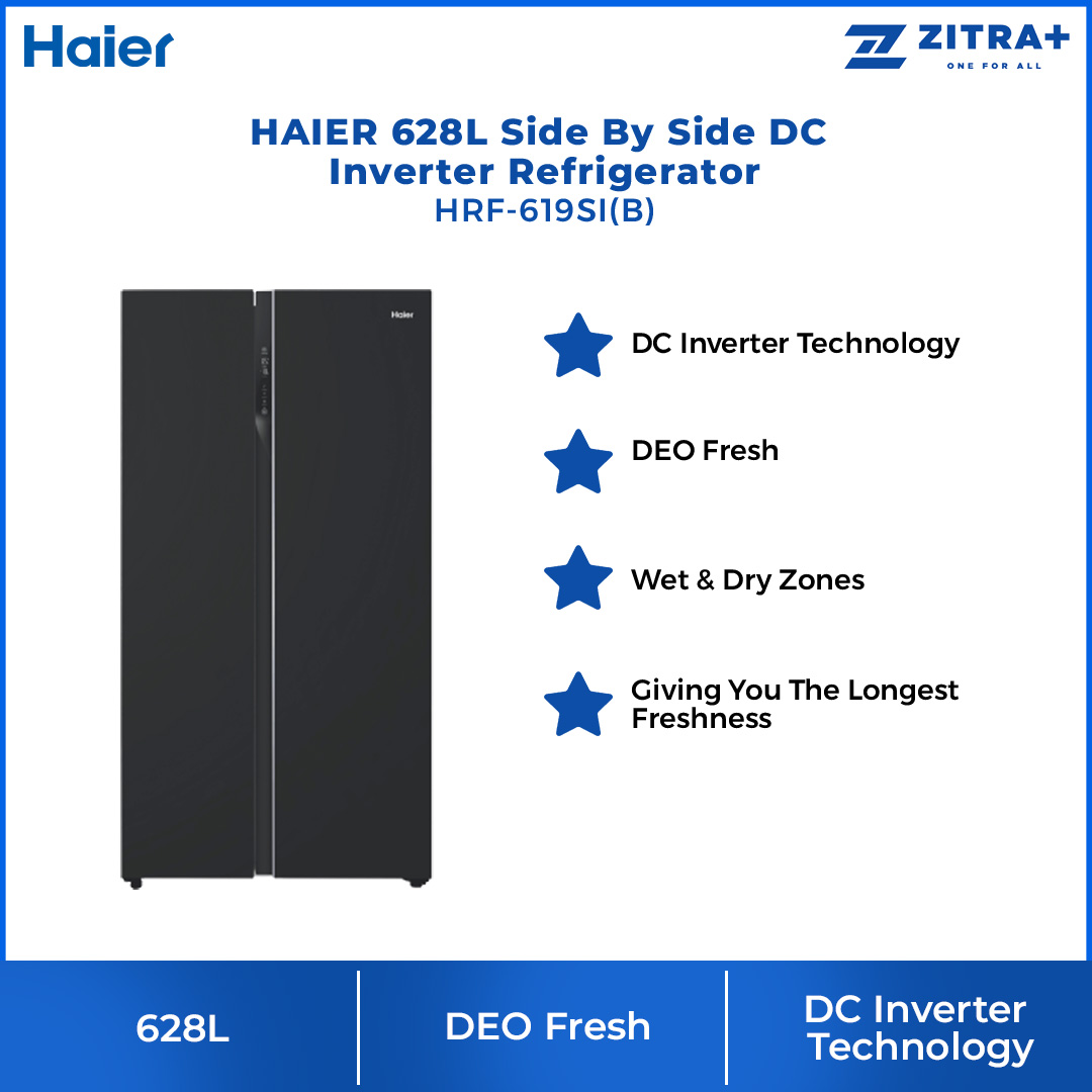 HAIER 628L Side By Side DC Inverter Refrigerator HRF-619SI(B) | No Frost | Touch LED | Door Pocket | Ice Maker | Humidity Control | Refrigerators with 2 Years Warranty