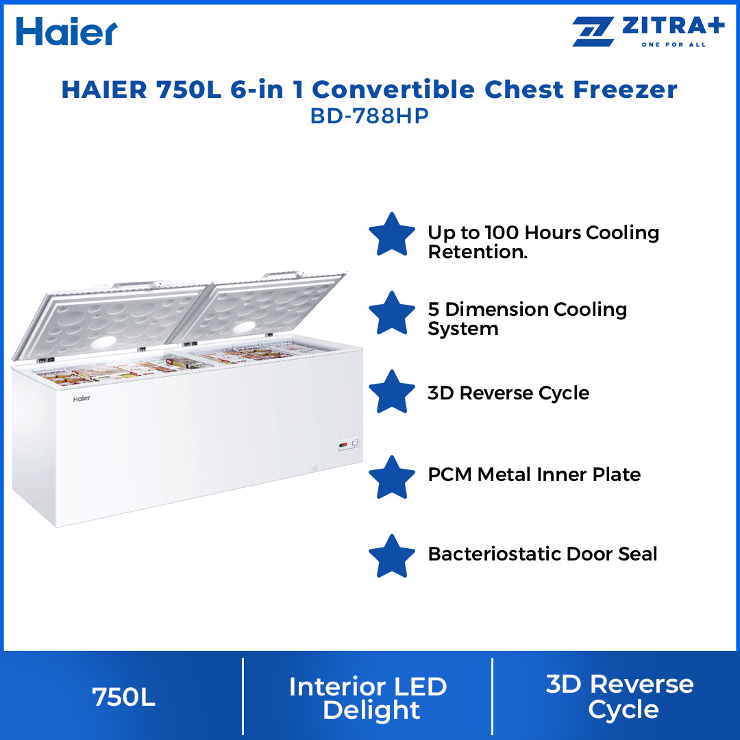 HAIER 332L/450L/535L/750L 6-in 1 Convertible Chest Freezer BD-328HP/BD-458HP/BD-568HP/BD-788HP | Fast Freezing | Convertible Cooling | PCM Metal Inner Plate | Freezer with 2 Year Warranty