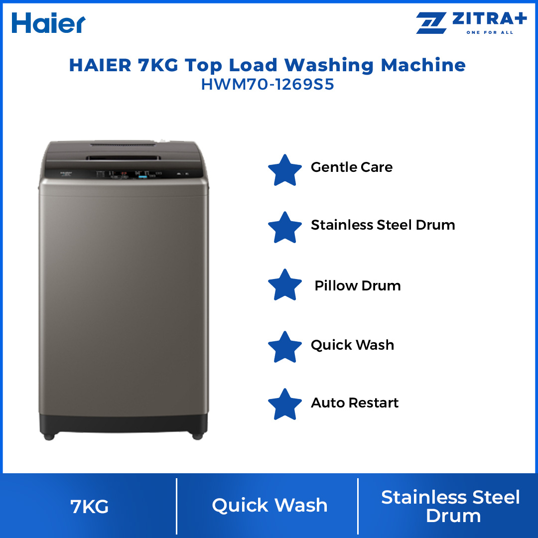 HAIER 7KG Top Load Washing Machine HWM70-1269S5 | Pillow Drum | Dispenser | Tub Dry | Quick Wash | Auto Restart |  Washing Machine with 2 Year Warranty