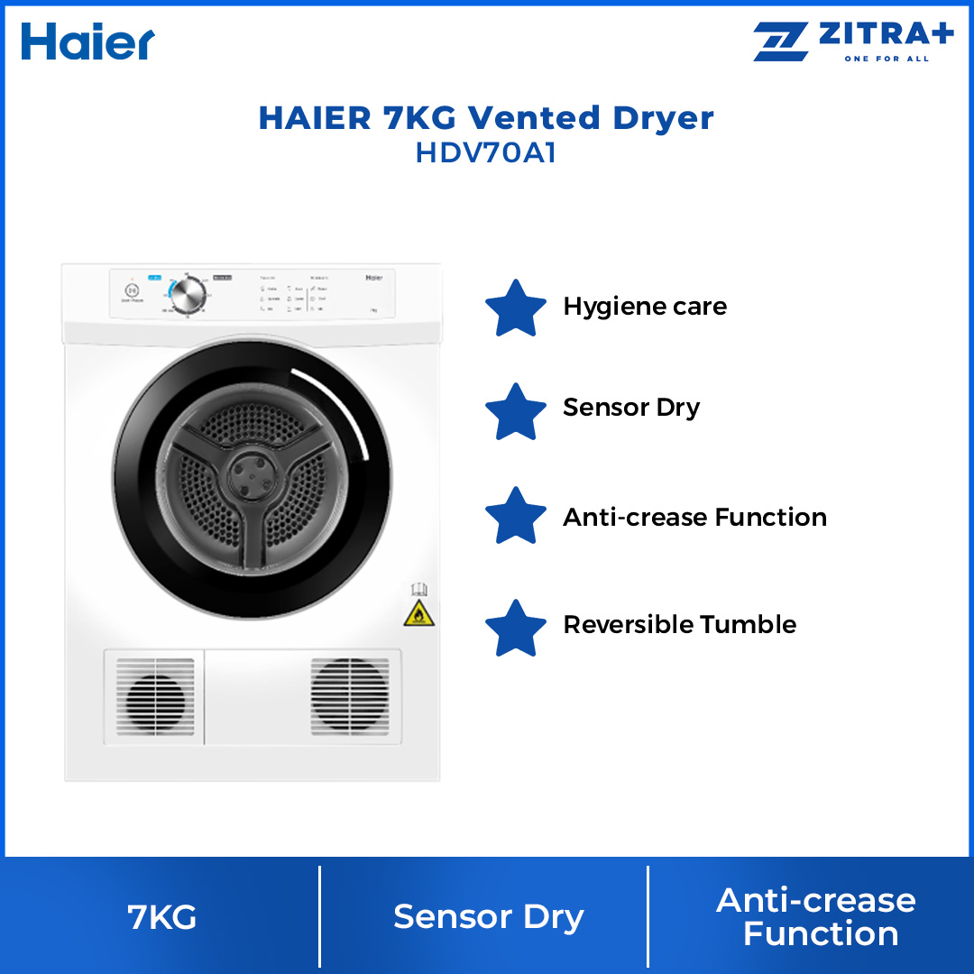 HAIER 7KG Vented Dryer HDV70A1 | Hygiene Care | Sensor Dry | Anti-Crease Function | Reversible Tumble | Knob Control | Air Dry | Reversible Drum | Dryer with 2 Year Warranty