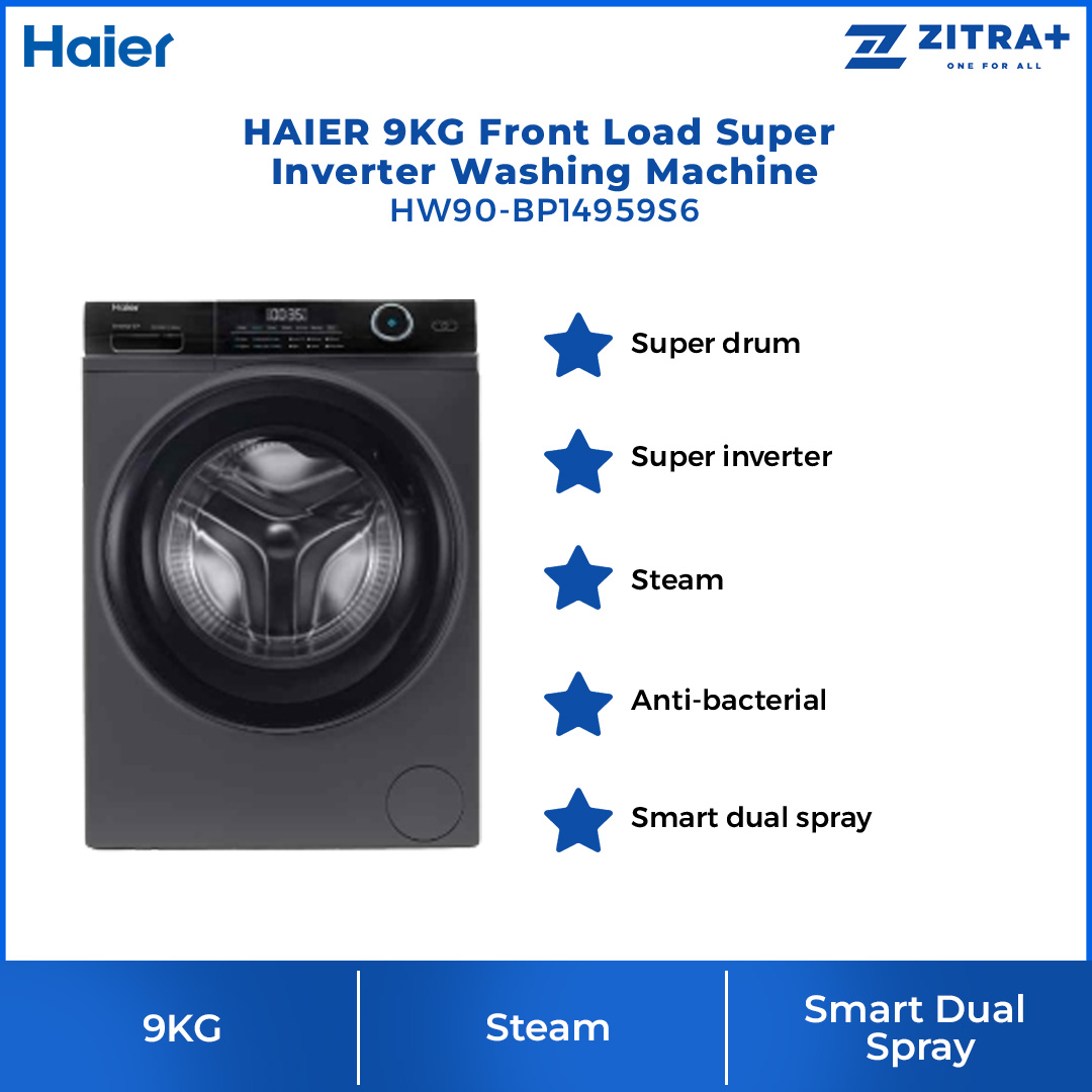 HAIER 9KG Front Load Super Inverter Washing Machine HW90-BP14959S6 |  ABT | Smart Dual Spray | Auto Lock Door | Refresh | Steam | Wave Drum | Washing Machine with 2 Year Warranty