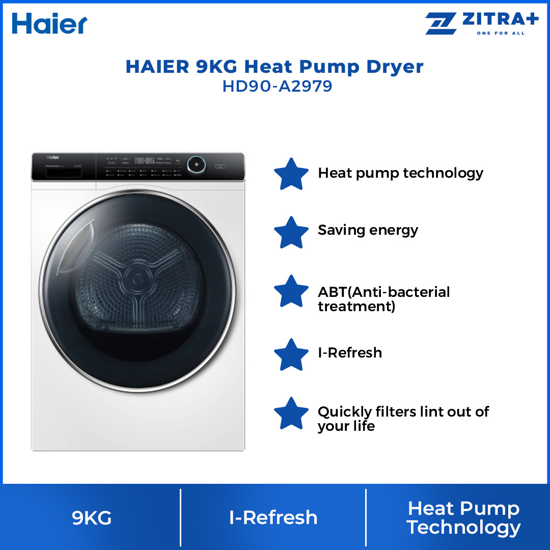 HAIER 9KG Heat Pump Dryer HD90-A2979 | I-Refresh | ABT | I-Time | LED Display | Child Lock | Sensor Dry | Dryer with 2 Years Warranty