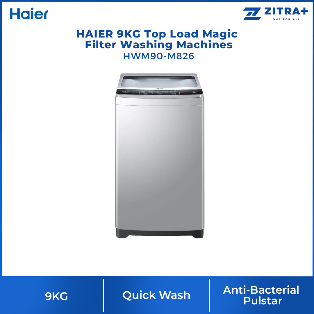 HAIER 9KG Top Load Magic Filter Washing Machines HWM90-M826 | Magic Filter x2 | Pillow Drum | Soft Close Tempered Glass | Hijab Mode | Washing Machine with 2 Year Warranty