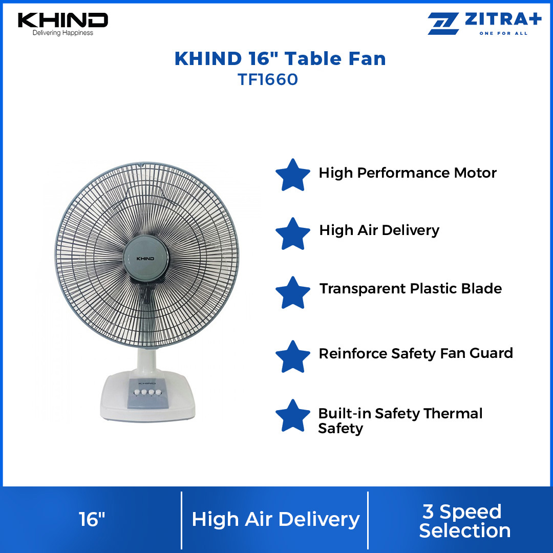 KHIND 16" Table Fan TF166 | 5 Star Energy Saving | Built-in Safety Thermal Fuse | 3 Speed Selection | High Air Delivery | Table Fan with 1 Year Warranty