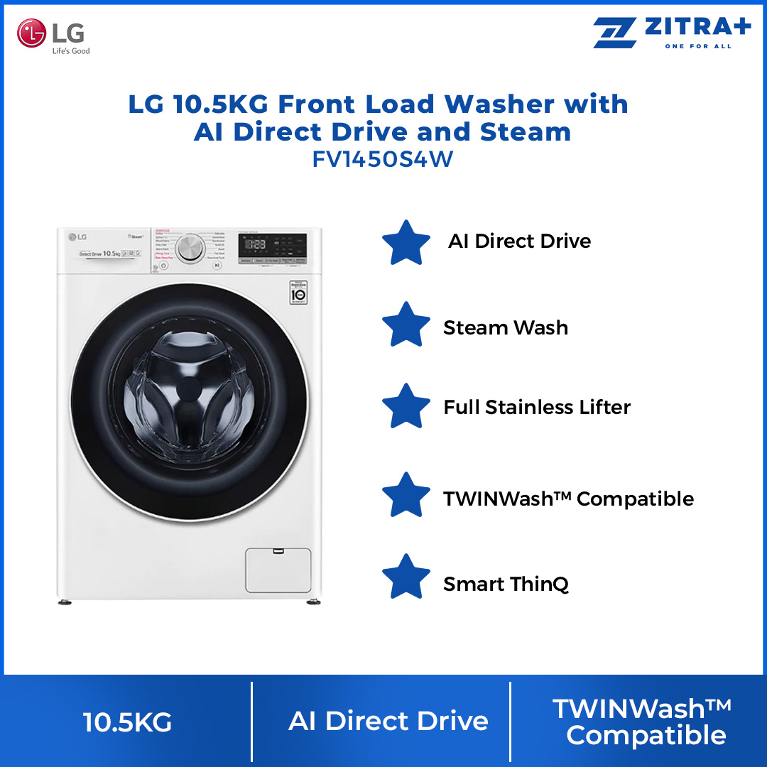 LG 10.5KG Front Load Washer with AI Direct Drive and Steam FV1450S4W | 6 Motion | Smart Diagnosis | Wifi | Tub Clean | Easy Care | Silent Wash | Smart Appliance | Loa Washer with 1 Year Warranty