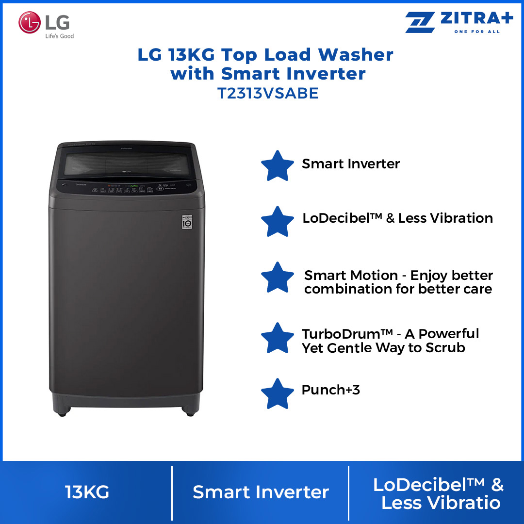 LG 13KG Top Load Washer with Smart Inverter Middle T2313VSABE | TurboDrum | Smart Diagnosis | Extra Clean | Quick Wash | Energy Saving | Load Washer with 1 Year Warranty