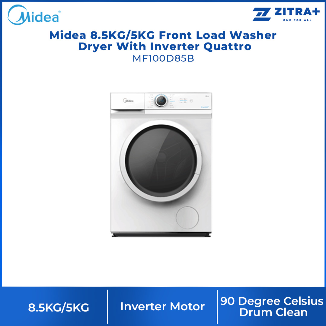 Midea 8.5KG/5KG Front Load Washer Dryer With Inverter Quattro MF100D85B | Inverter Motor | Auto Clean | 45min Rapid Wash | 2 Year Warranty