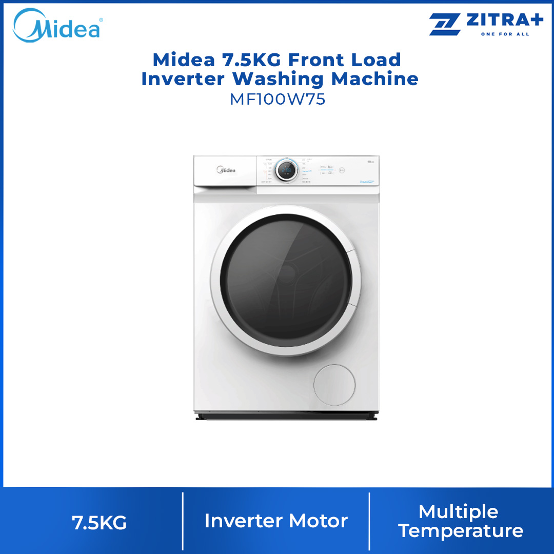 Midea 7.5KG Front Load Inverter Washing Machine MF100W75 | One Touch Pre-Wash | Broad Vision Port | Inverter Motor | 2 Years Warranty