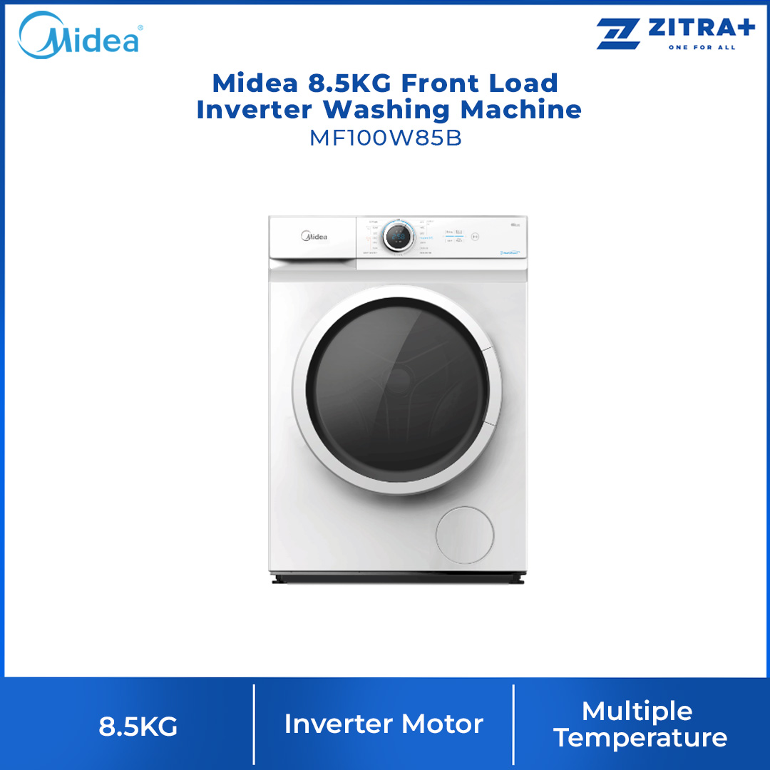 Midea 8.5KG Front Load Inverter Washing Machine MF100W85B | One Touch Pre-Wash | Broad Vision Port | Inverter Motor | Washing Machine with 2 Years Warranty