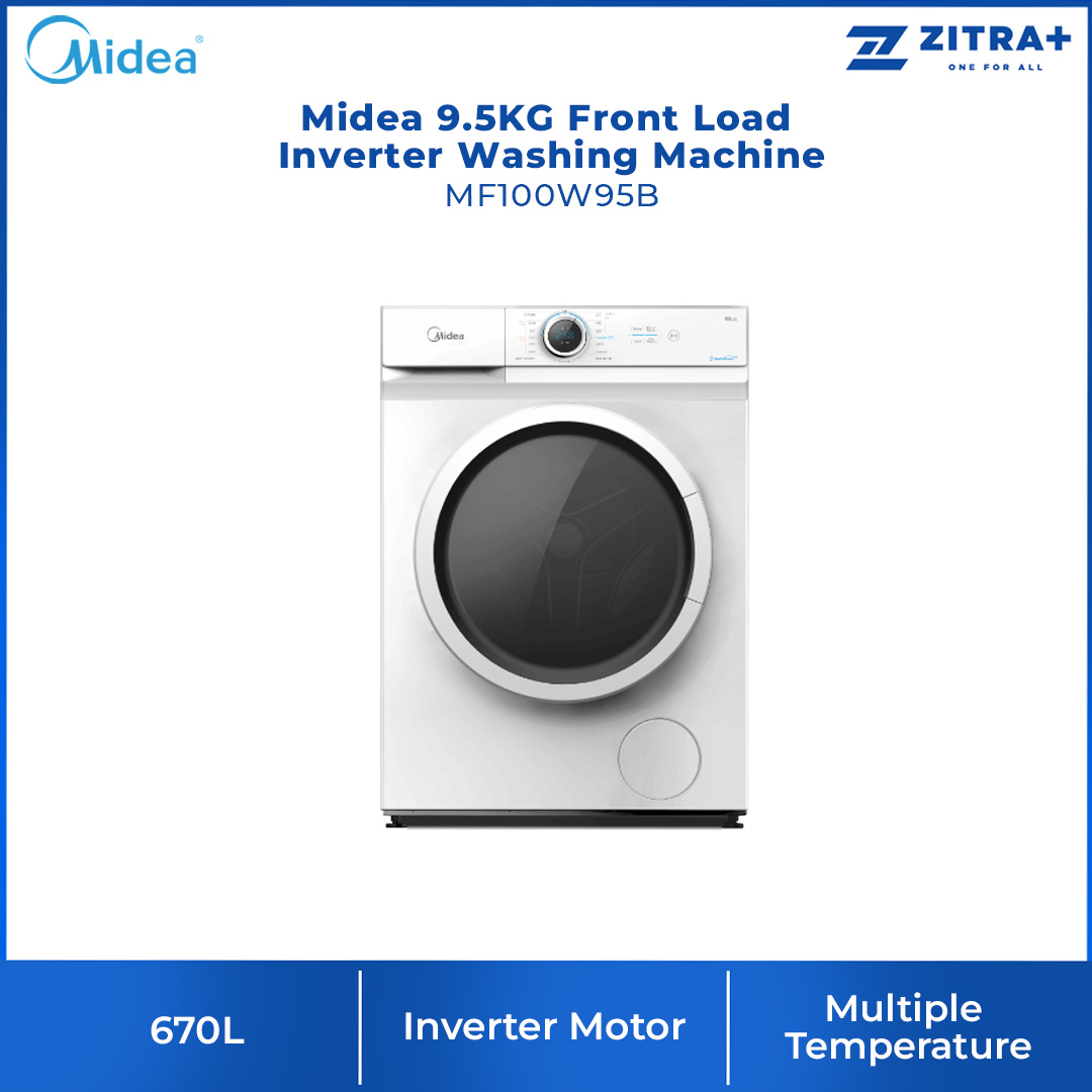 Midea 9.5KG Front Load Inverter Washing Machine MF100W95B | One Touch Pre-Wash | Broad Vision Port | Inverter Motor | 2 Years Warranty