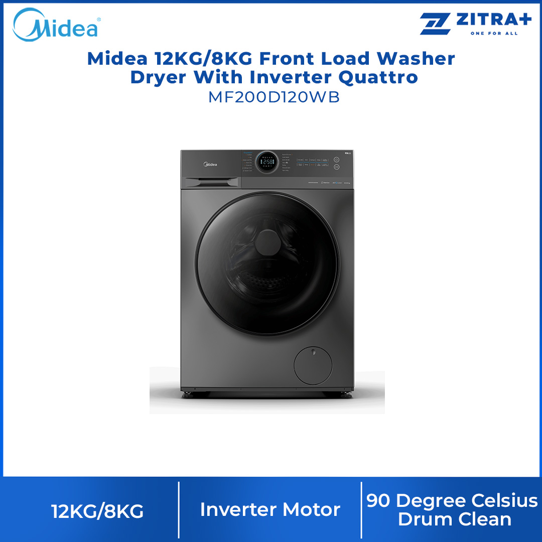 Midea 12KG/8KG Front Load Washer Dryer With Inverter Quattro  MF200D120WB | Inverter Motor | Smart Control | Auto Clean | 45min Rapid Wash | Turbo Wash | Lunar Dial | Add Garment | 90 Degree Celsius Drum Clean | Washing Machine with 2 Year Warranty