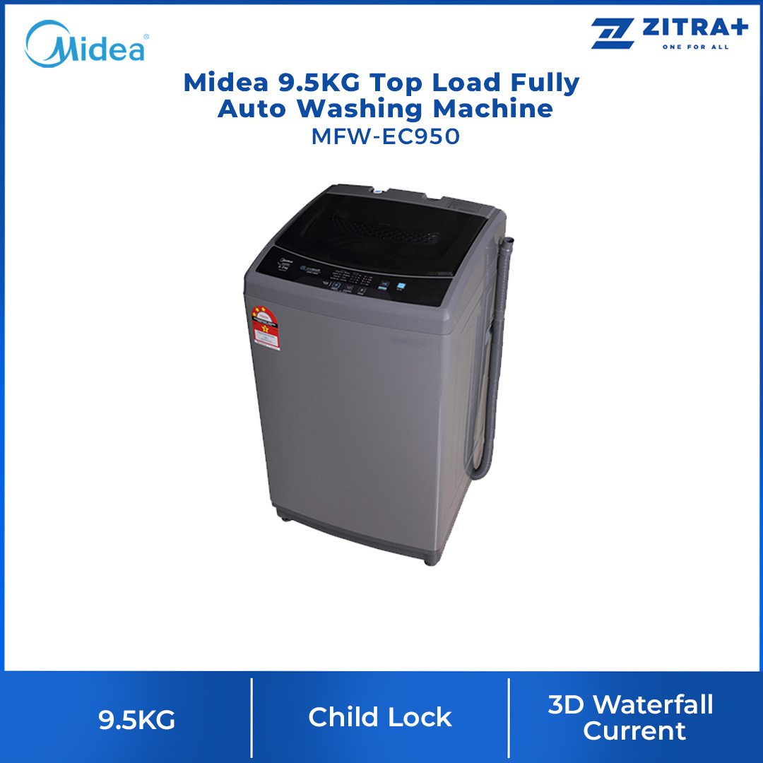 Midea 9.5KG Top Load Fully Auto Washing Machine MFW-EC950 |  3D Waterfall Current | Tube Clean | Air Drying | Washing Machine With 2 Year Warranty