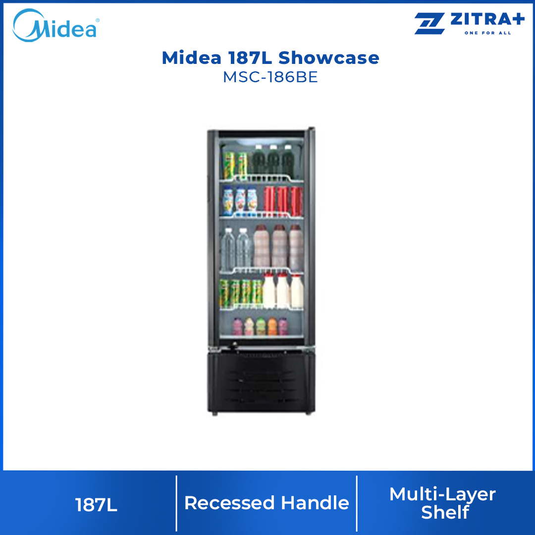 Midea 187L Showcase  MSC-186BE | Hollow Tempered Glass | Recessed Handle | Multi-Layer Shelf | 1 Year Warranty
