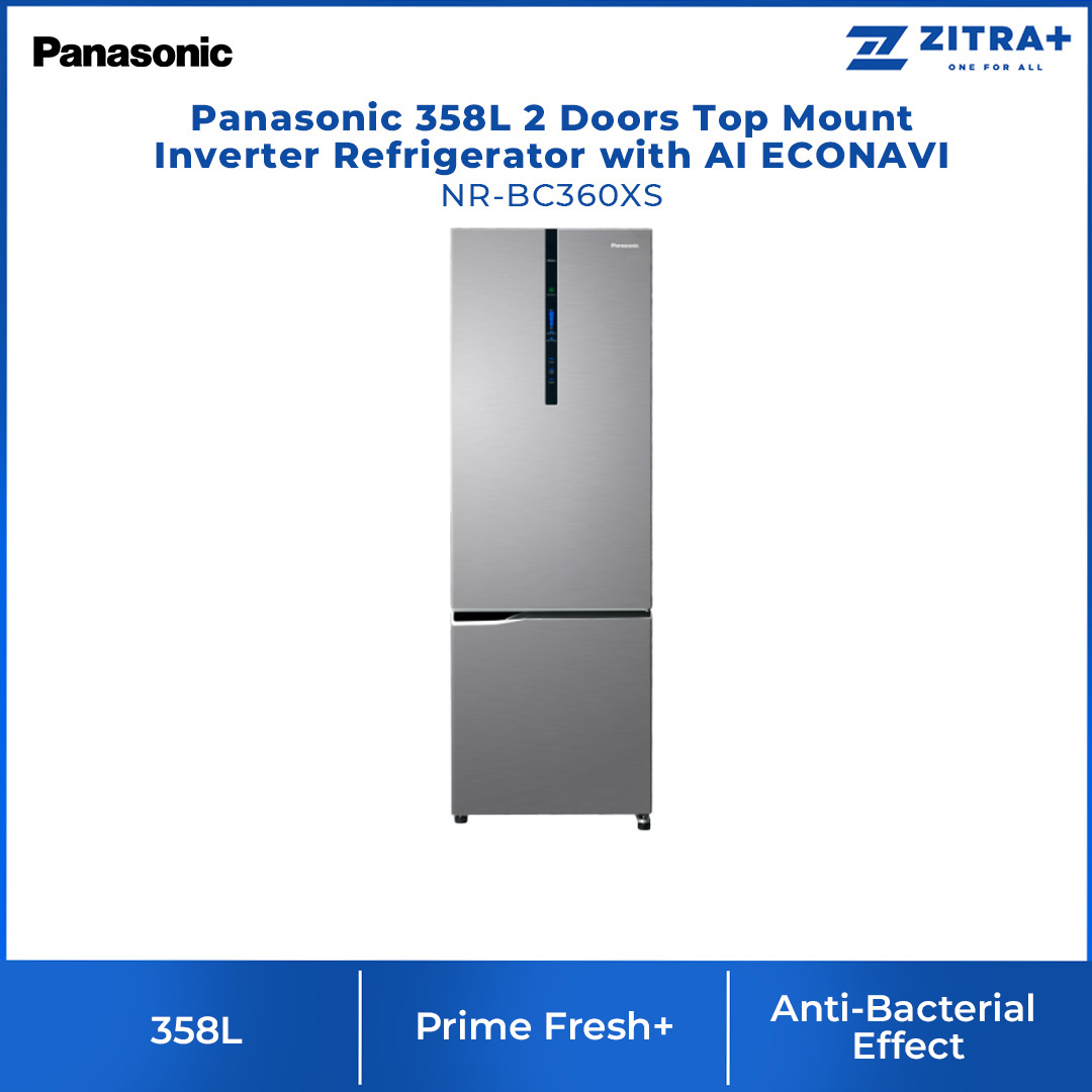 Panasonic 358L 2 Doors Top Mount Inverter Refrigerator with AI ECONAVI  NR-BC360XS | Prime Fresh+ Keeps Food Fresh with Faster Soft Freezing | Cook Healthy Meals Every Day with Prime Fresh+ | Anti-bacterial Effect | Refrigerator With 1 Year Warranty