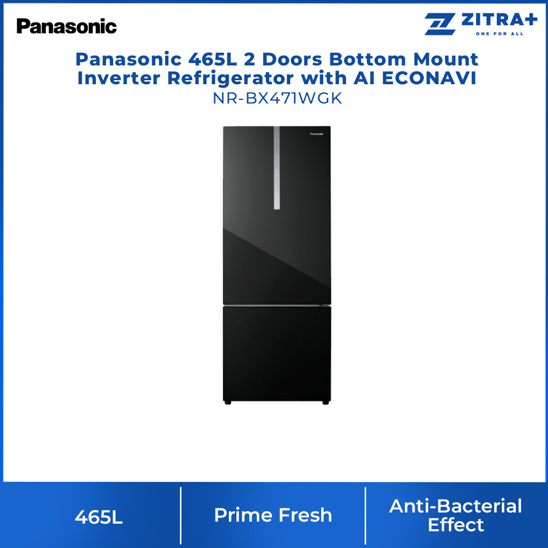 Panasonic 465L 2 Doors Bottom Mount Inverter Refrigerator with AI ECONAVI NR-BX471WGK | Faster Soft Freezing Keeps Food Fresh with Prime Fresh | Anti-bacterial Effect | Moisture Retained for Vegetable Storage | Refrigerator With 1 Year Warranty