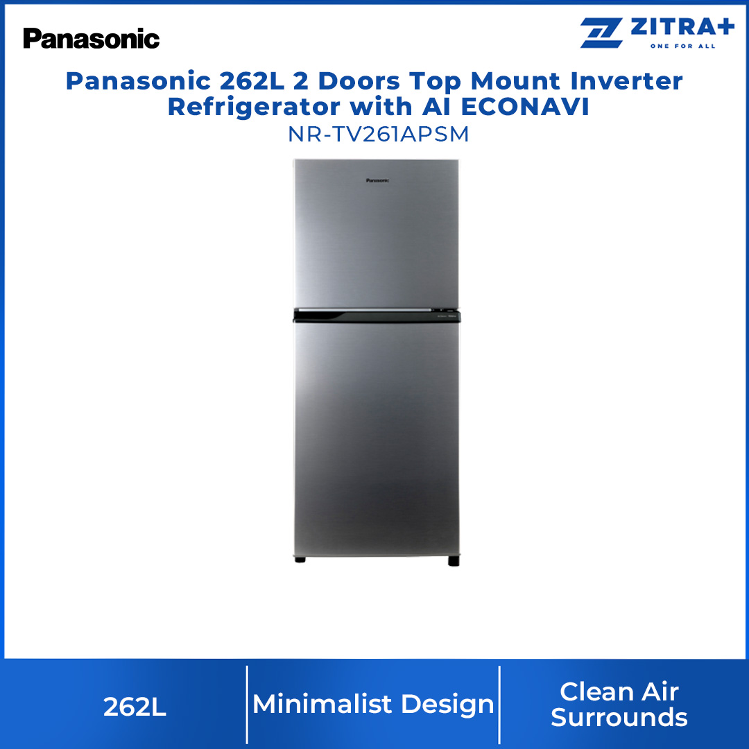 Panasonic 262L 2 Doors Top Mount Inverter Refrigerator with AI ECONAVI NR-TV261APSM | Hygienic Storage with Blue Ag | Clean Air Surrounds Your Food | Cost Saving with Optimum Cooling According to Your Lifestyle | Refrigerator with 1 Year Warranty