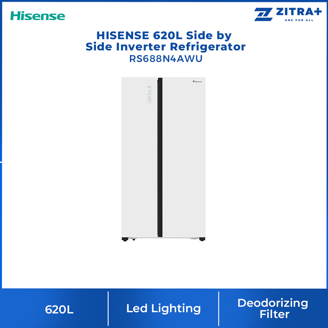 HISENSE 620L Side by Side Inverter Refrigerator RS688N4AWU | Digital Sensor | Double Cooling | Deodorizing Filter | Electronic Touch Control | Multi-Air Flow | Refrigerator with 3 Year Warranty