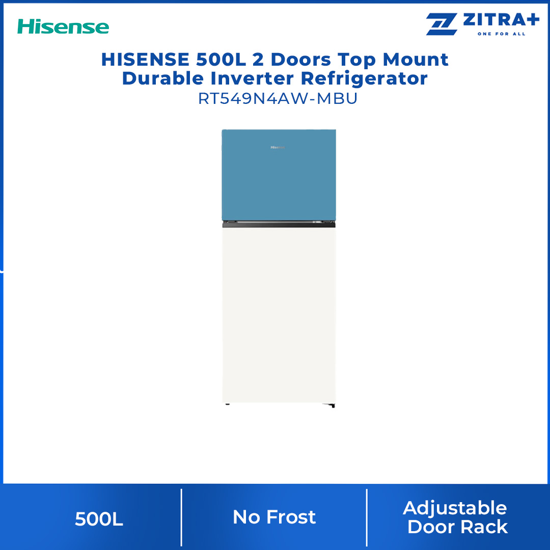 HISENSE 500L 2 Doors Top Mount Durable Inverter Refrigerator RT549N4AW-MBU | Multi Air Flow | Deodorizing Filter | Moisture Fresh Crisper | Durable Inverter | LED Lighting | Removable Twist Ice Maker | Refrigerator with 3 Year Warranty