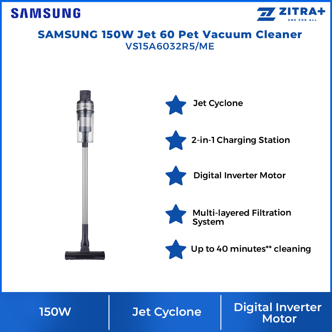 SAMSUNG 150W Jet 60 Pet Cordless Vacuum Cleaner Stick Teal VS15A6032R5/ME | Strong Suction Power | Powerful on Carpet | Flexible Charger | Stick Vacuums with 2 Years Warranty