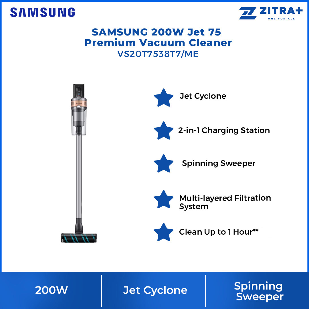 SAMSUNG 200W Jet 75 Premium Cordless Vacuum Cleaner Stick VS20T7538T7/ME | Multi-layered Filtration System | Strong Suction Power | Long-lasting Battery | Stick Vacuums with 2 Years Warranty