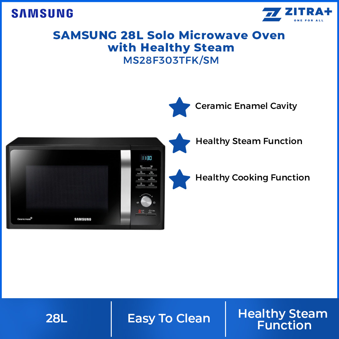 SAMSUNG 28L Solo Microwave Oven MS28F303TFK/SM | Ceramic Enamel Cavity | Healthy Steam Function with Power Steam Bowl | Healthy Cooking Function | Microwave Oven with 1 Year Warranty