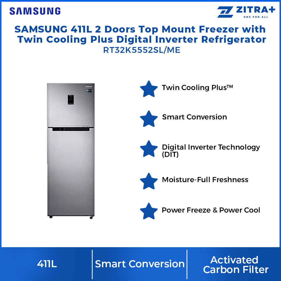 SAMSUNG 411L 2 Doors Top Mount Inverter Refrigerator RT32K5552SL/ME | Twin Cooling Plus | Moisture-Full Freshness | 5 Conversion Modes | Refrigerator with 1 Year General & 10 Year Compressor Warranty